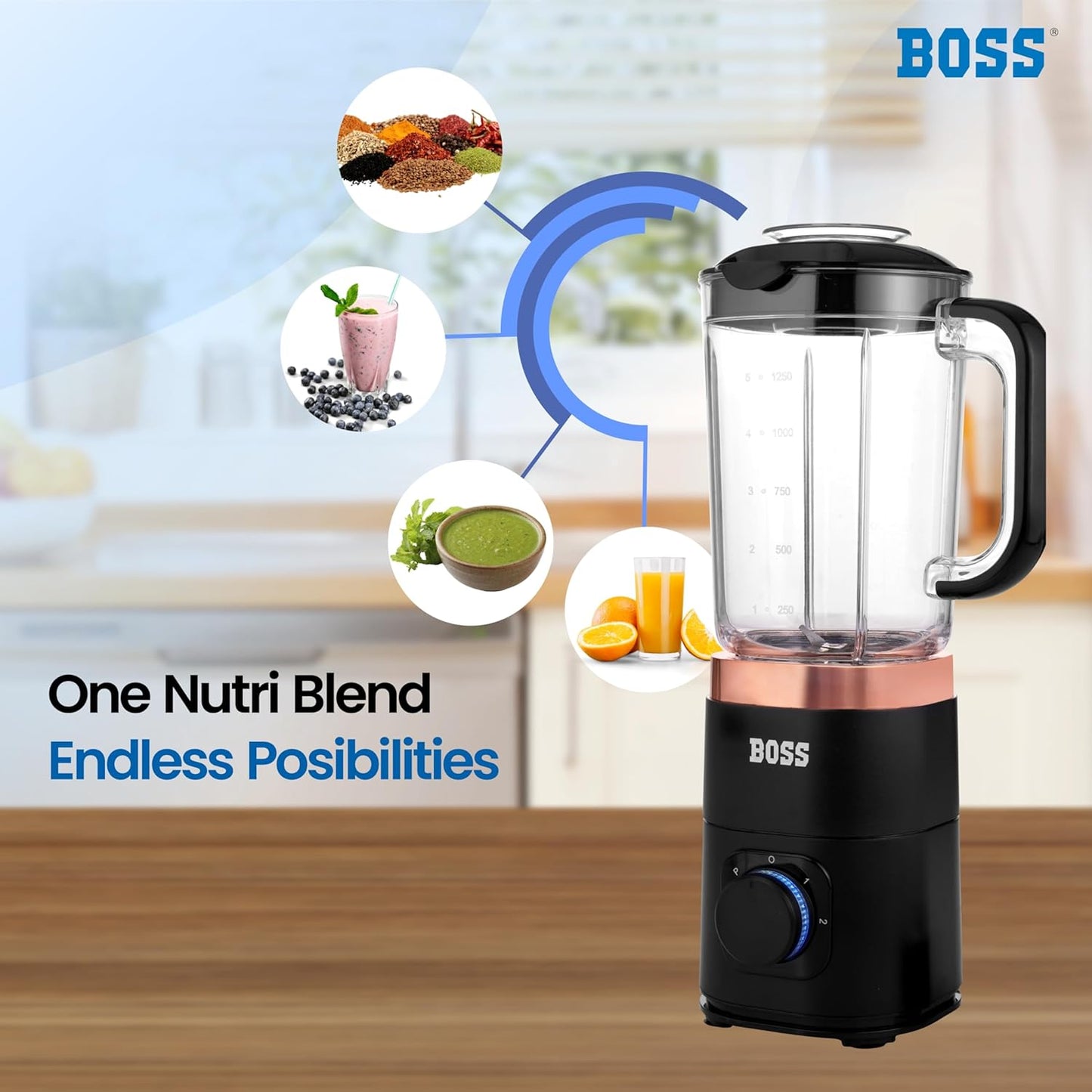 BOSS Nutri Neo 800W Juicer/Mixer/Grinder/Smoothie Maker, 3 Unbreakable Jars, 2 Blade Set - Wet & Dry, Rose Gold, 2 Year Warranty on Motor