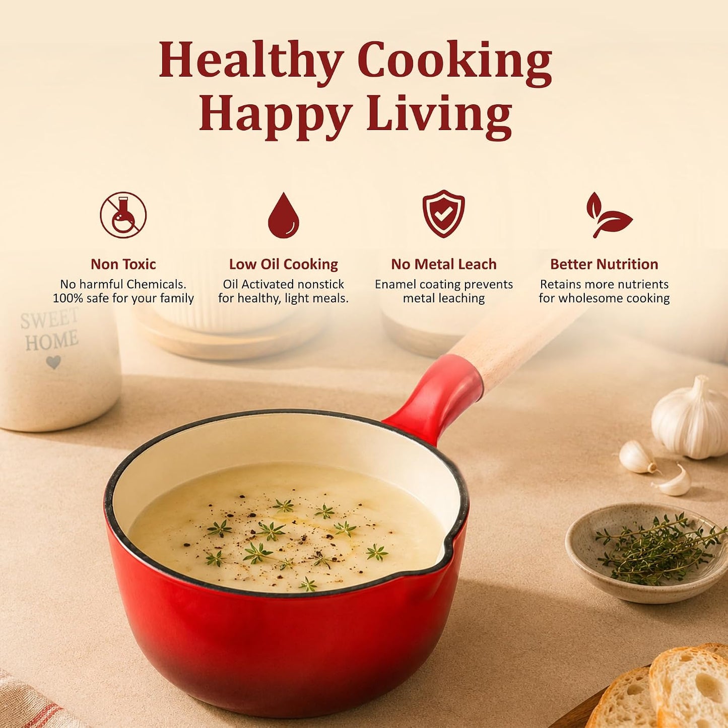 Vinod Freya Enameled Cast Iron Saucepan - 16 cm,1.4 L Red Color | TREON Technology | 100% Toxin Free | Wooden Handle with Pour Spout | Gas & Induction Compatible | No Seasoning Required | Milk & Tea Pan