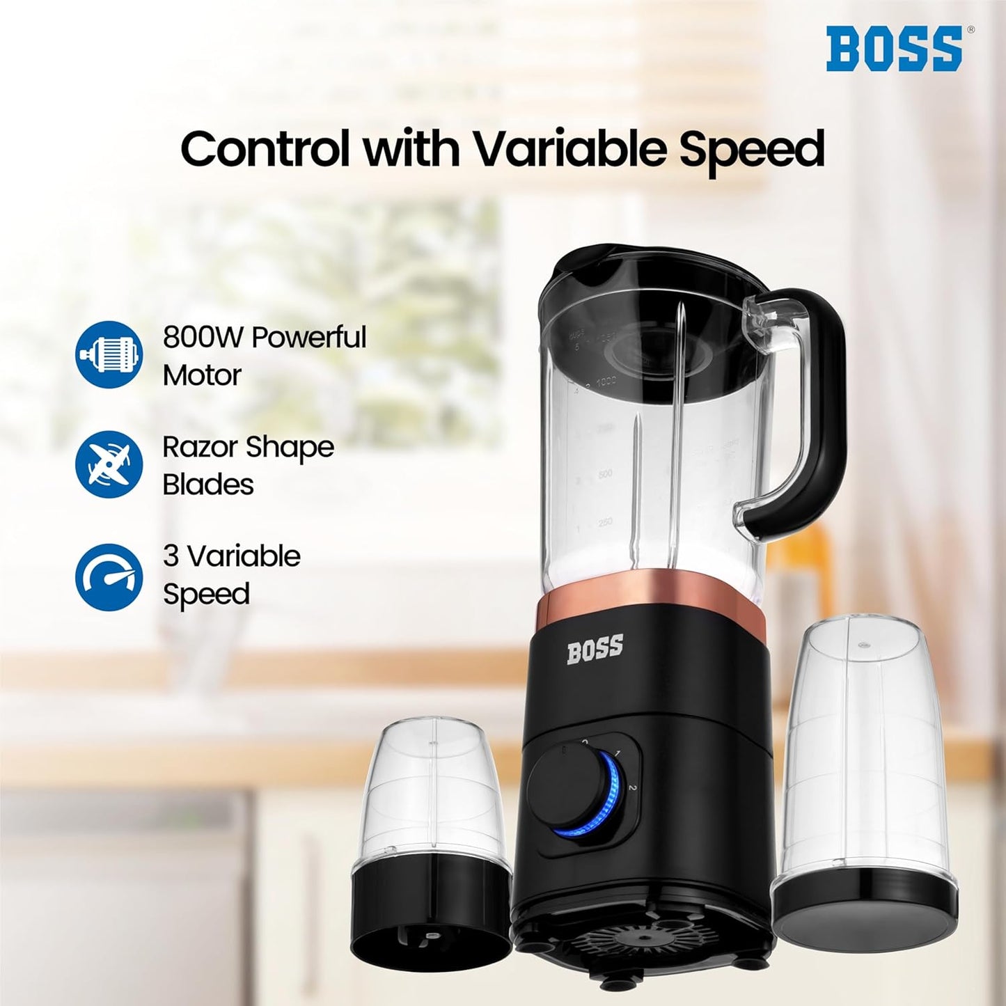 BOSS Nutri Neo 800W Juicer/Mixer/Grinder/Smoothie Maker, 3 Unbreakable Jars, 2 Blade Set - Wet & Dry, Rose Gold, 2 Year Warranty on Motor