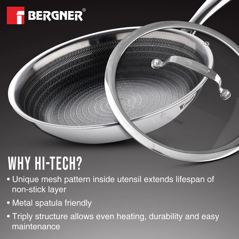 Bergner Hi-Tech TriPly Stainless Steel 28cm Frypan Capacity 2.3 Liters, Honeycomb Non-Stick Coating Frying Pan, Non-Toxic, Healthy Cooking, Less Oil Use, Durable Handle with Excellent Grip - Induction and Gas Stove Ready