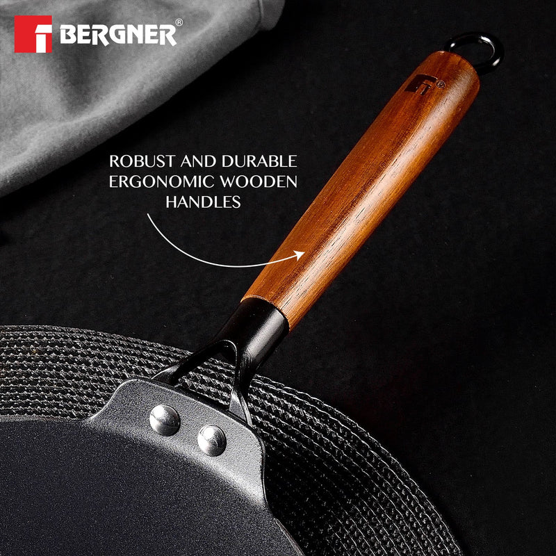Bergner Odin 26 cm Iron Roti Tawa with Wooden Coated Handle - Induction Bottom, Enamel FInish