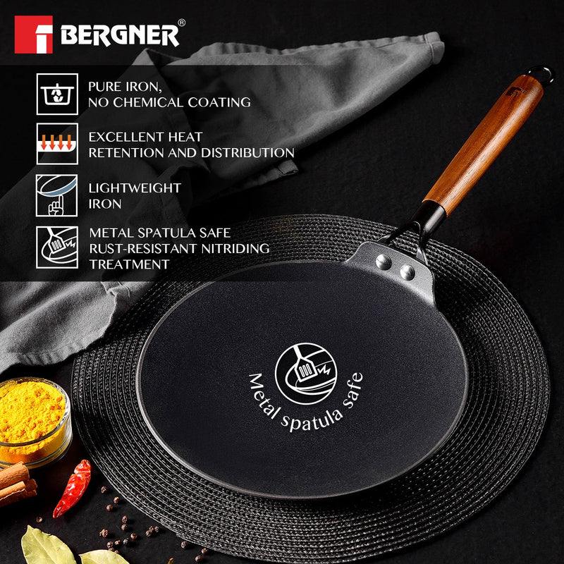 Bergner Odin 26 cm Iron Roti Tawa with Wooden Coated Handle - Induction Bottom, Enamel FInish