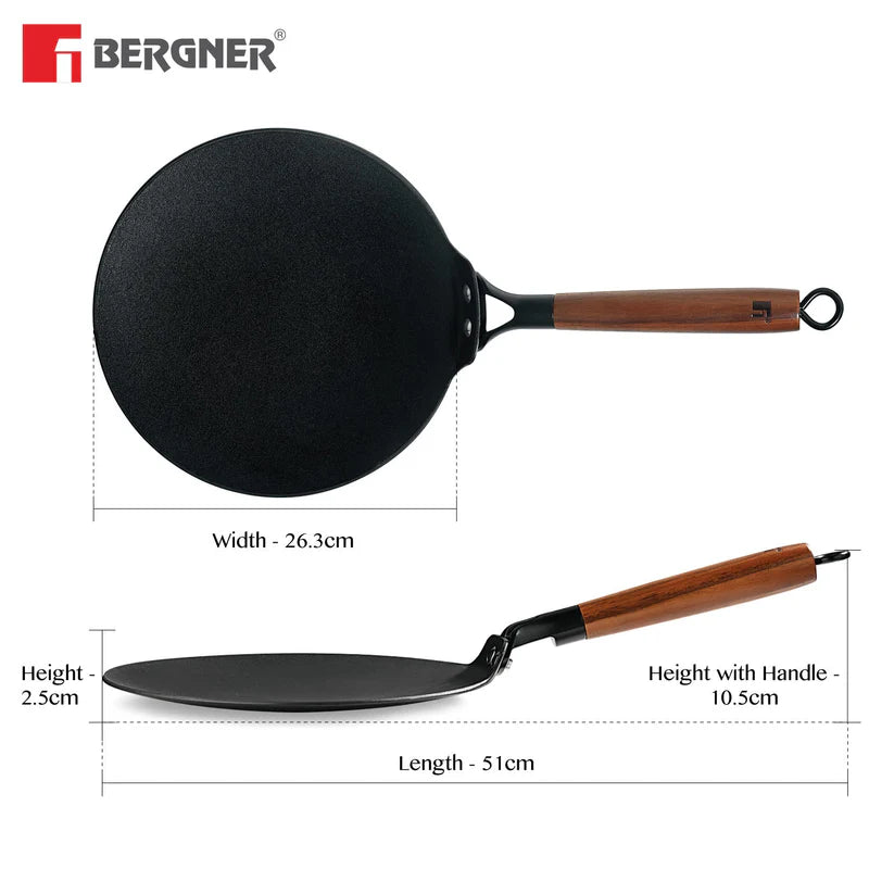 Bergner Odin 26 cm Iron Roti Tawa with Wooden Coated Handle - Induction Bottom, Enamel FInish