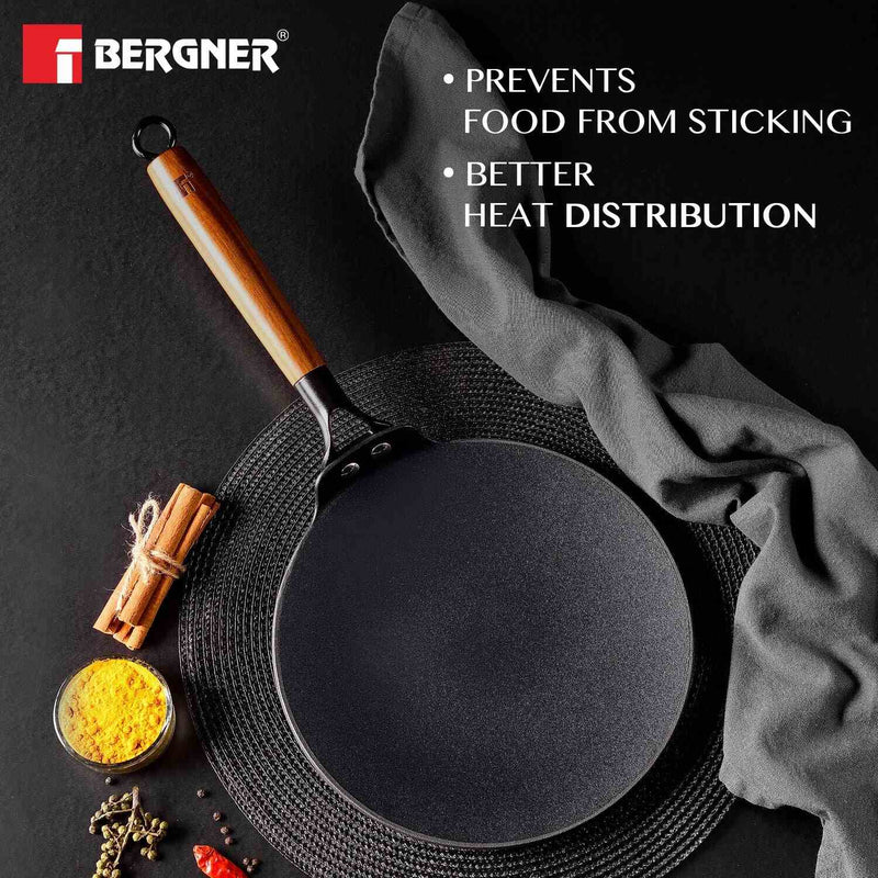 Bergner Odin 26 cm Iron Roti Tawa with Wooden Coated Handle - Induction Bottom, Enamel FInish