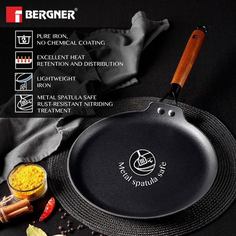 BERGNER Odin 28 cm Cast Iron Dosa Tawa with Wooden Coated Handle, Rust Proof, Enamel Finish, Metal Spatula Safe, Induction and Gas Stove Ready