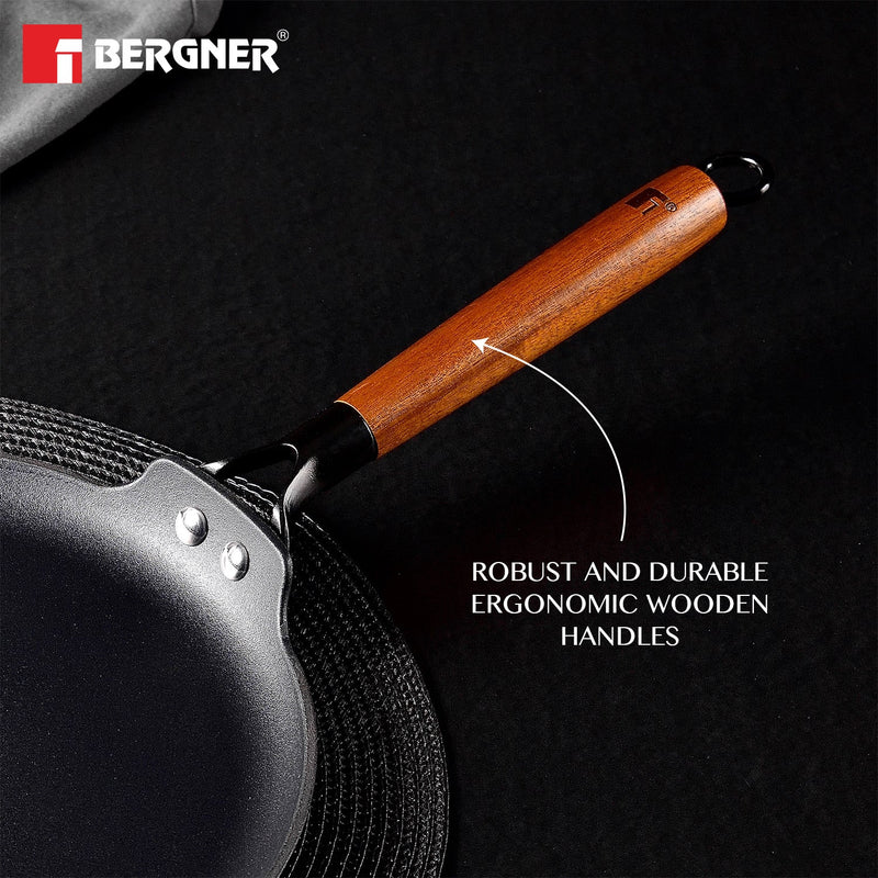 BERGNER Odin 28 cm Cast Iron Dosa Tawa with Wooden Coated Handle, Rust Proof, Enamel Finish, Metal Spatula Safe, Induction and Gas Stove Ready