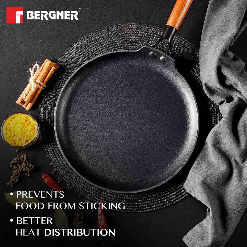 BERGNER Odin 28 cm Cast Iron Dosa Tawa with Wooden Coated Handle, Rust Proof, Enamel Finish, Metal Spatula Safe, Induction and Gas Stove Ready