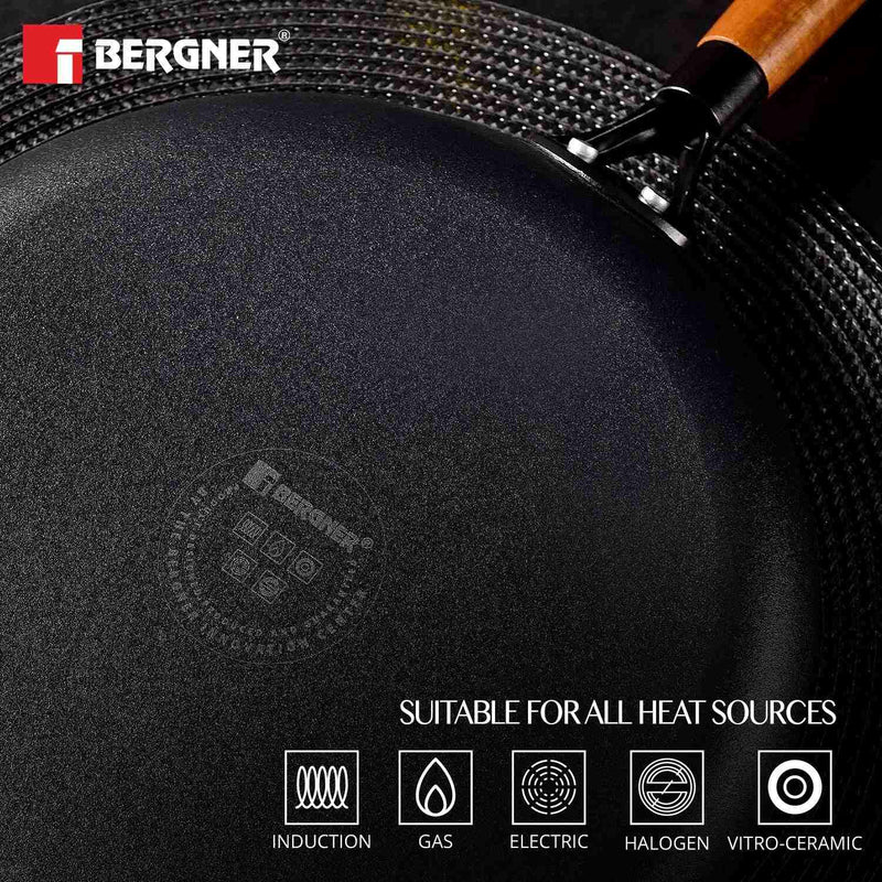 BERGNER Odin 28 cm Cast Iron Dosa Tawa with Wooden Coated Handle, Rust Proof, Enamel Finish, Metal Spatula Safe, Induction and Gas Stove Ready