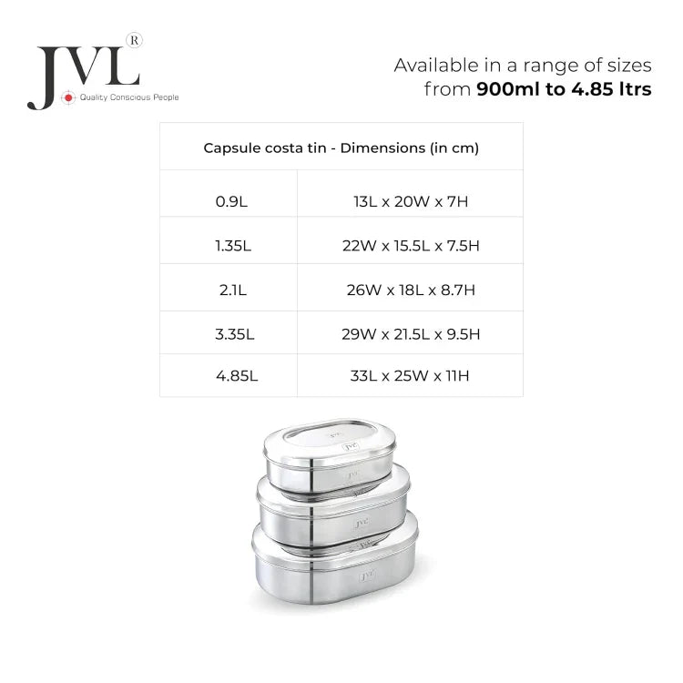JVL Stainless Steel Kitchen's Storage Costa Capsule Shape Container Box with See Thorugh Lid - 2.1  Liters