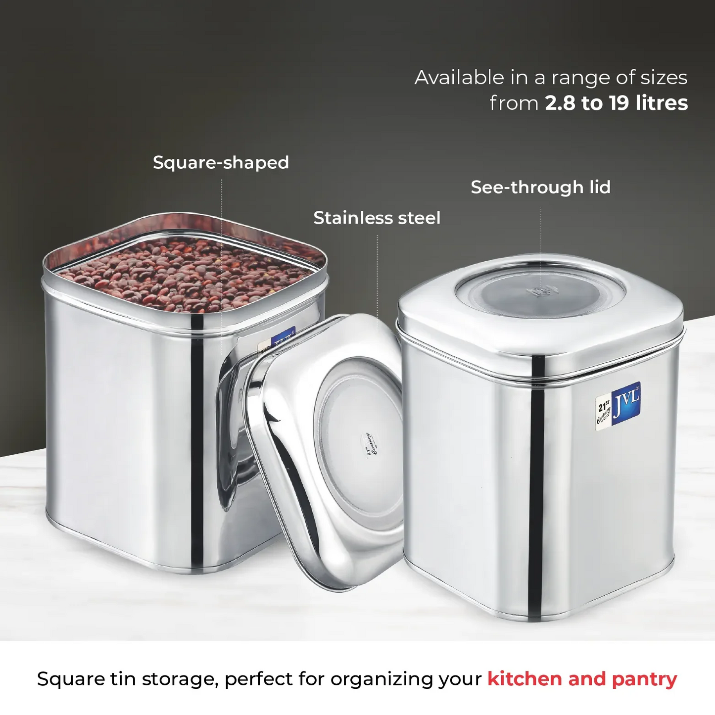 JVL airtight square tin with see through lid capacity 19 Liters
