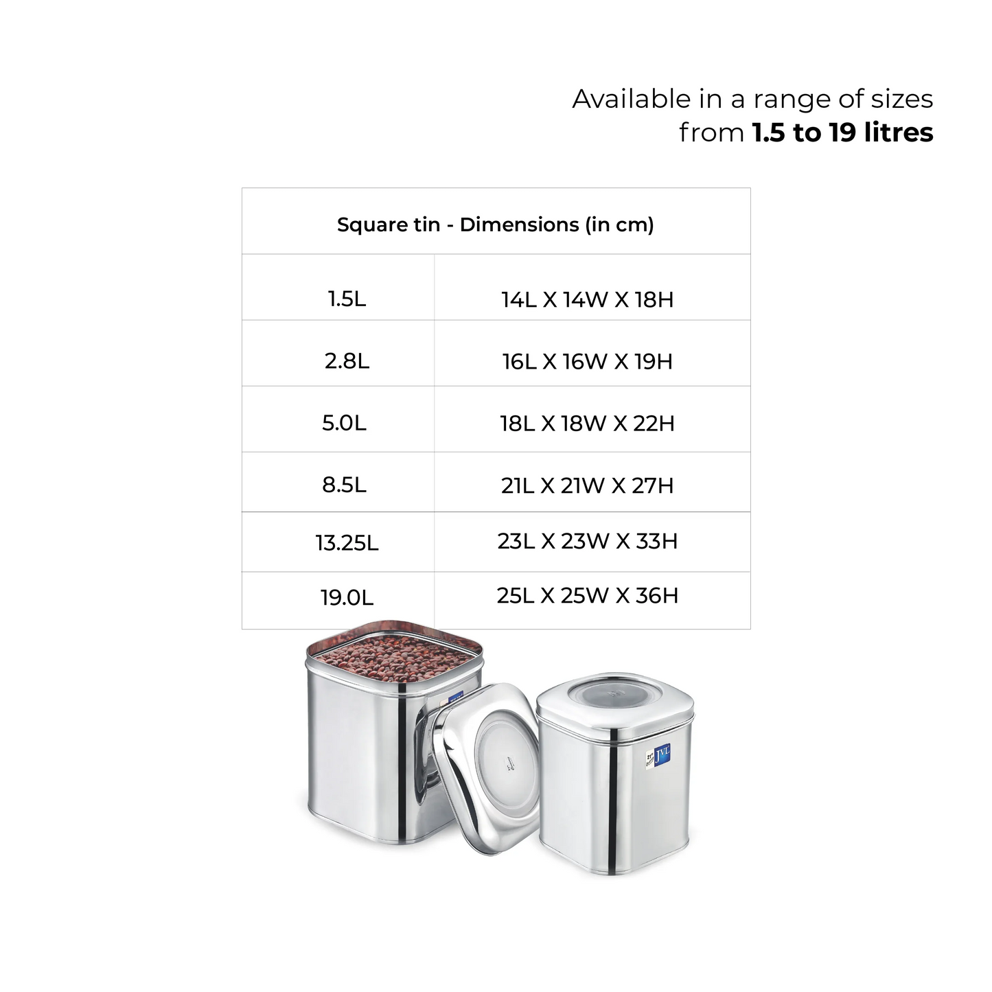 JVL airtight square tin with see through lid capacity 19 Liters