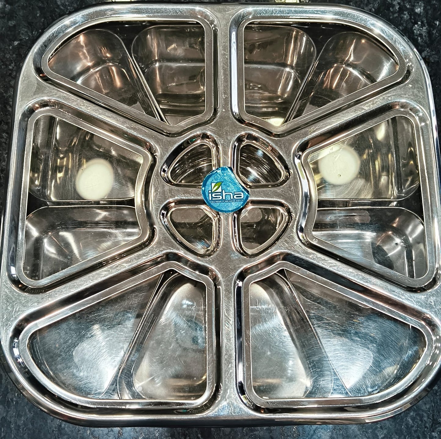 STEEL FANCY MASALA BOX 7 CONATINER WITH FANCY SEE THROUGH LID