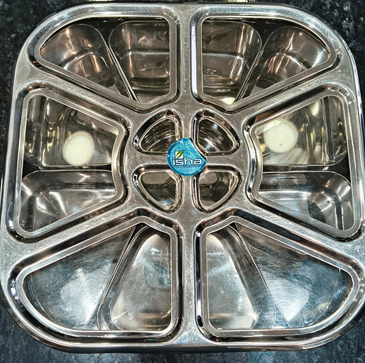 STEEL FANCY MASALA BOX 7 CONATINER WITH FANCY SEE THROUGH LID