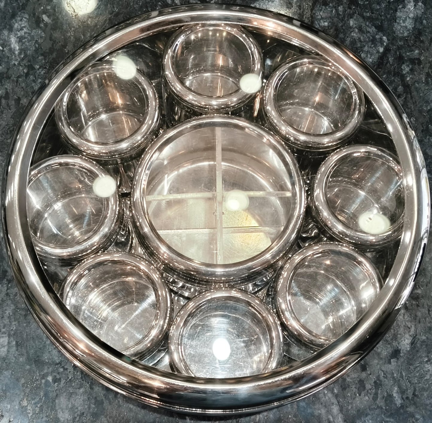 STEEL ROUND SEE THROUGH MASALA BOX 12 CONTAINERS