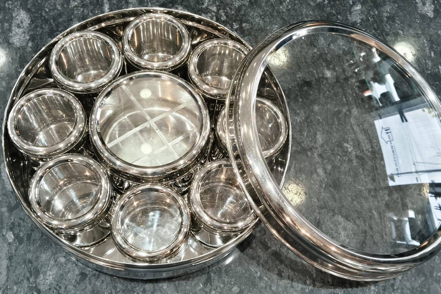 STEEL ROUND SEE THROUGH MASALA BOX 12 CONTAINERS