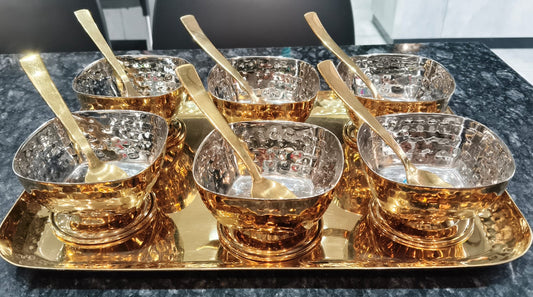 Ice Cream Set Steel with tray in Gold PVD coated in Hammered Design