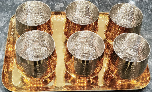 Glass set with tray with Golden PVD in hammered design Stainless Steel