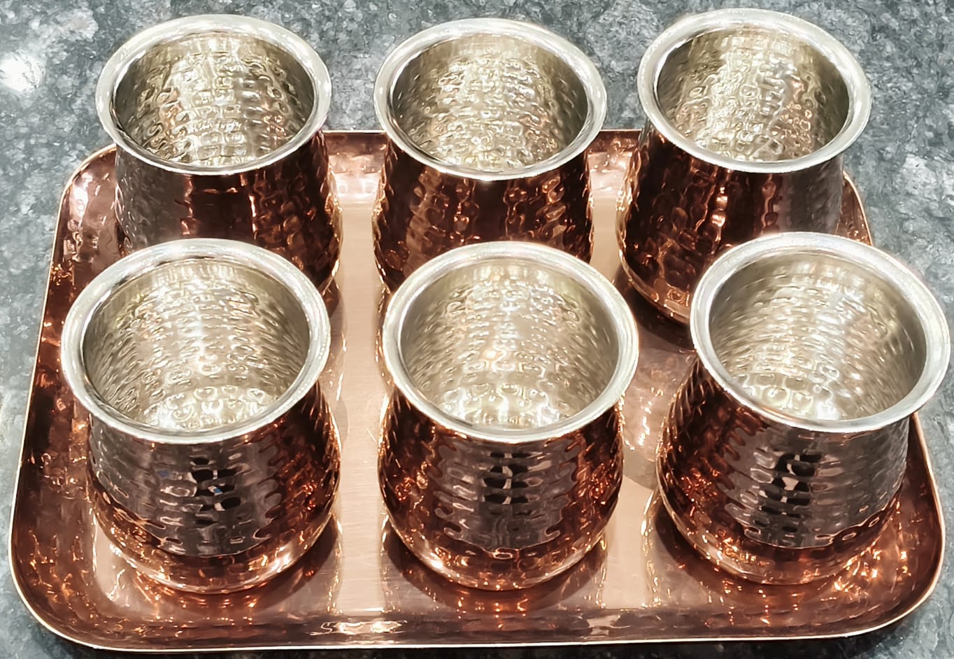 Glass Cum Lota Set With Tray in PVD Rose Gold With Hammered Design