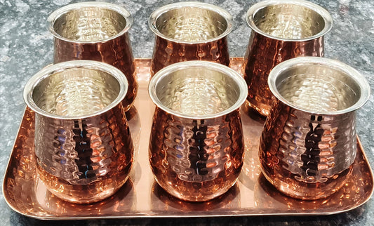 Glass Cum Lota Set With Tray in PVD Rose Gold With Hammered Design