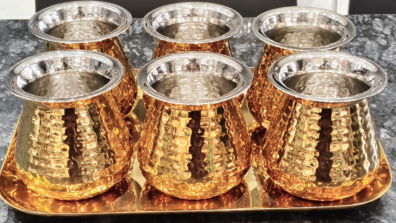 Glass Cum Lota Set With Tray In Hammered Design In Gold PVD coating
