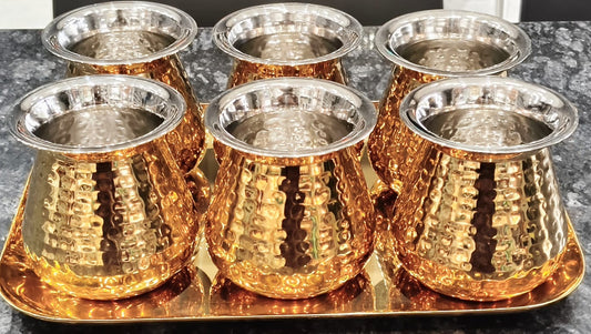 Glass Cum Lota Set With Tray In Hammered Design In Gold PVD coating