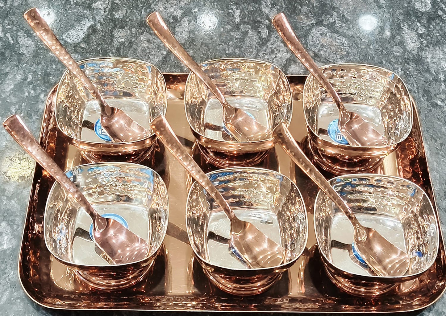 Ice Cream Set With Tray Stainless Steel in Rose Gold PVD coating in Hammered Design