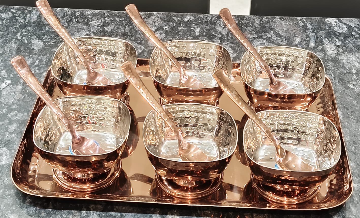 Ice Cream Set With Tray Stainless Steel in Rose Gold PVD coating in Hammered Design