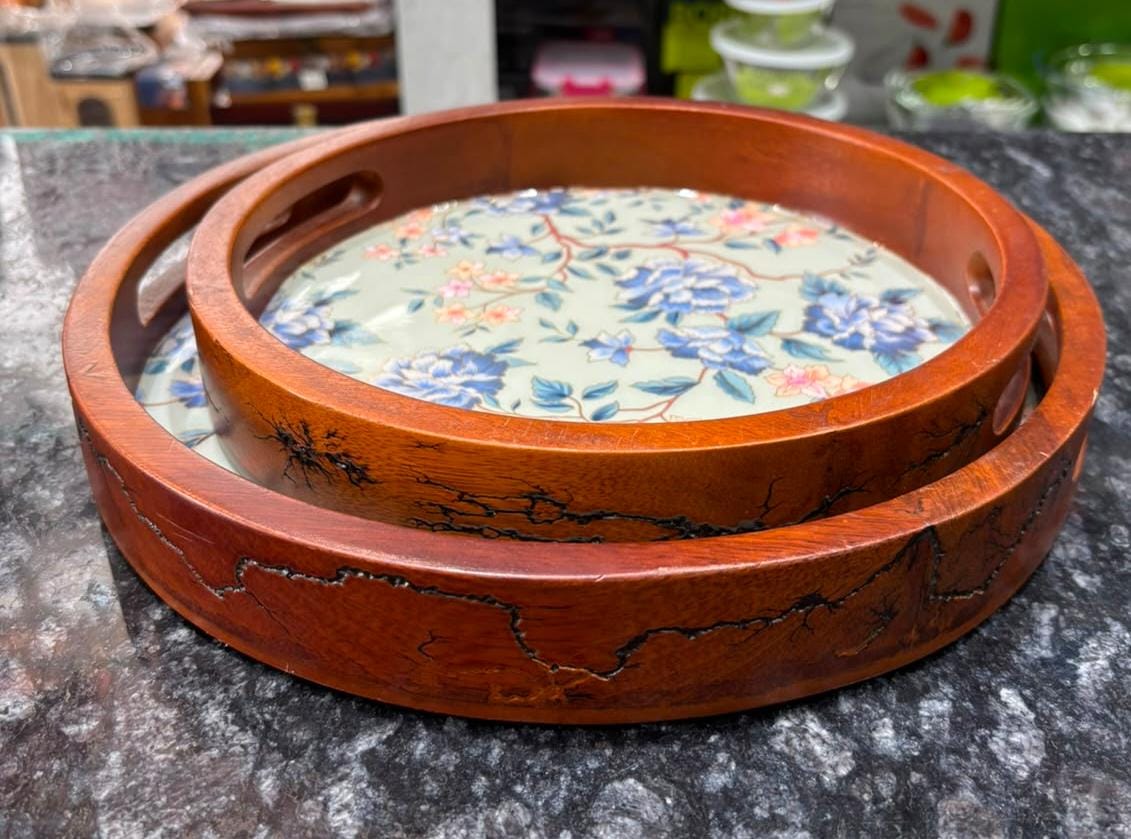 Round Teak Wood Wooden Tray Set of 2 Blue Design