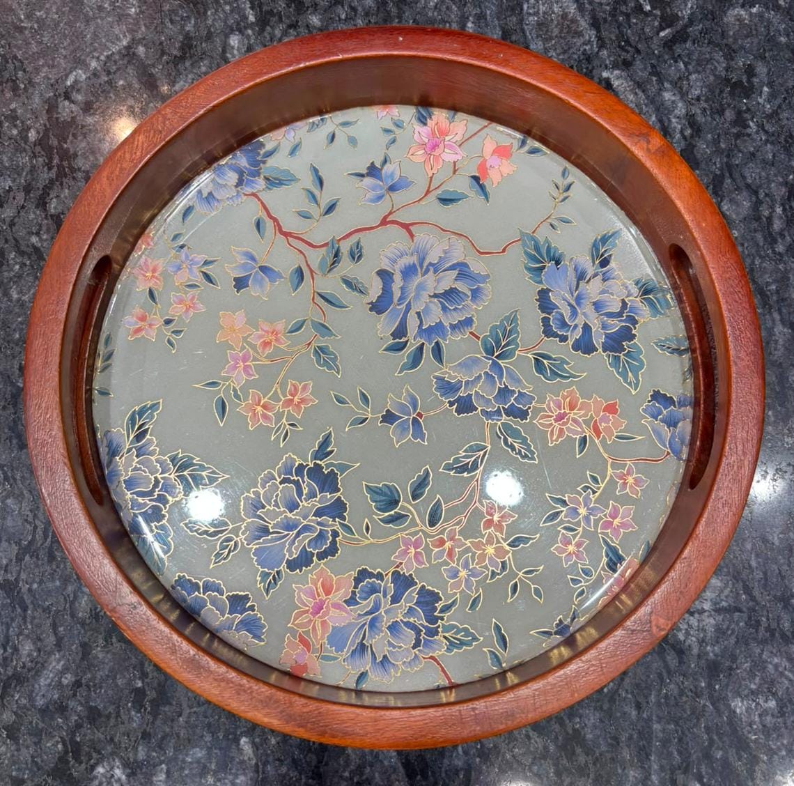 Round Teak Wood Wooden Tray Set of 2 Blue Design