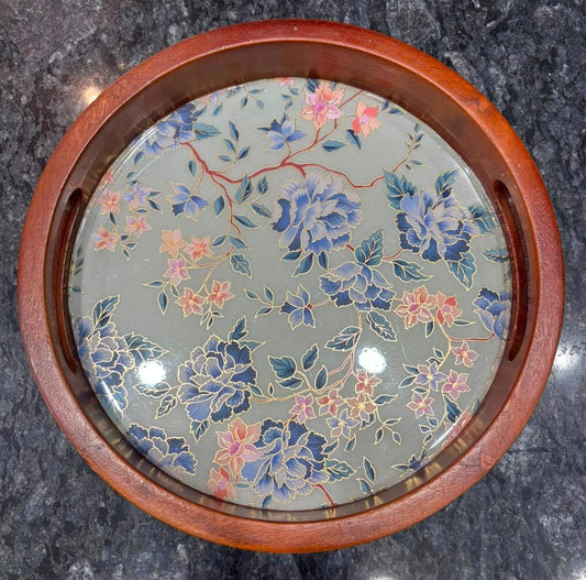 Round Teak Wood Wooden Tray Set of 2 Blue Design