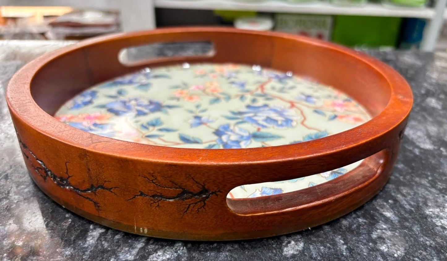 Round Teak Wood Wooden Tray Set of 2 Blue Design