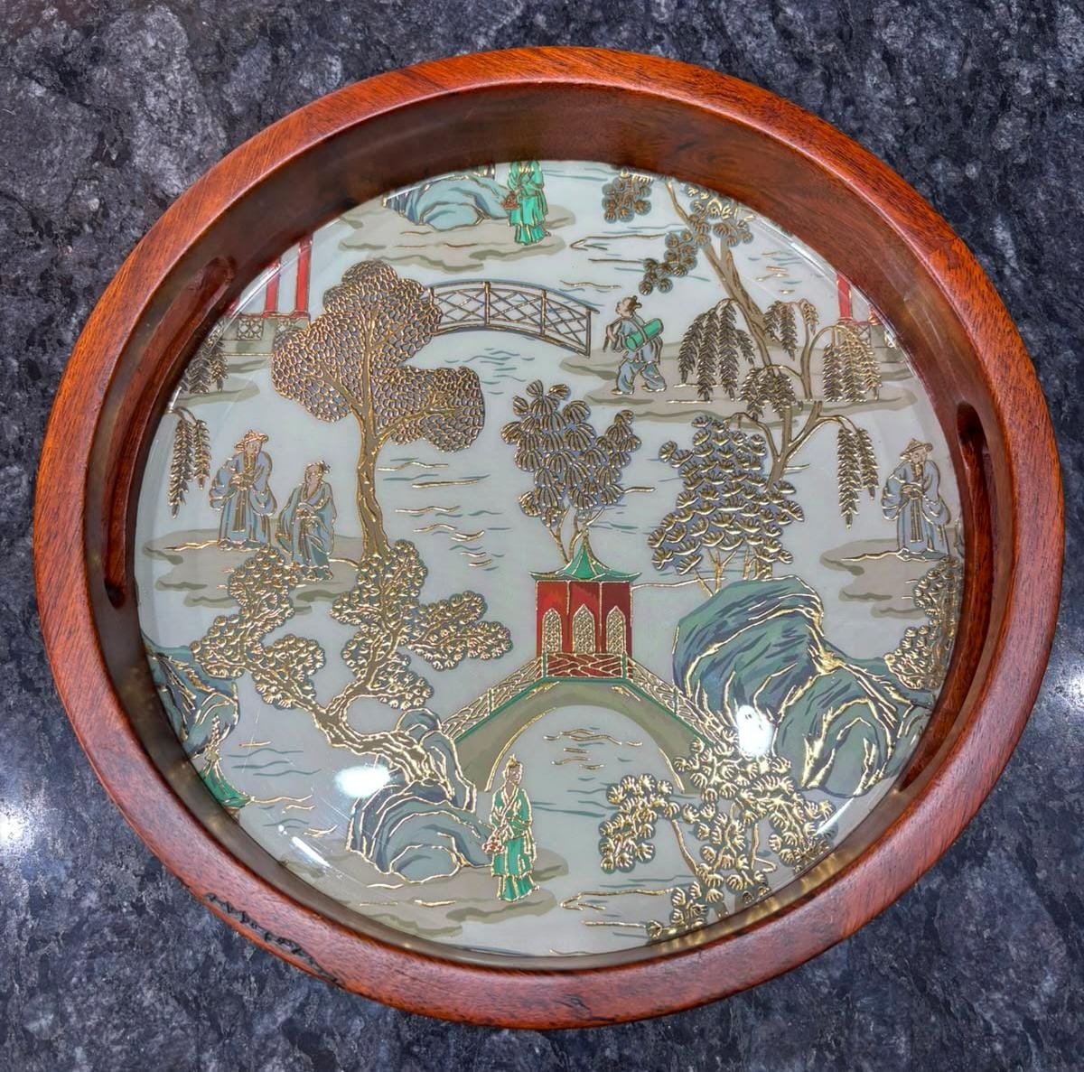 Round Teak Wood Wooden Tray Set of 2 Green Design