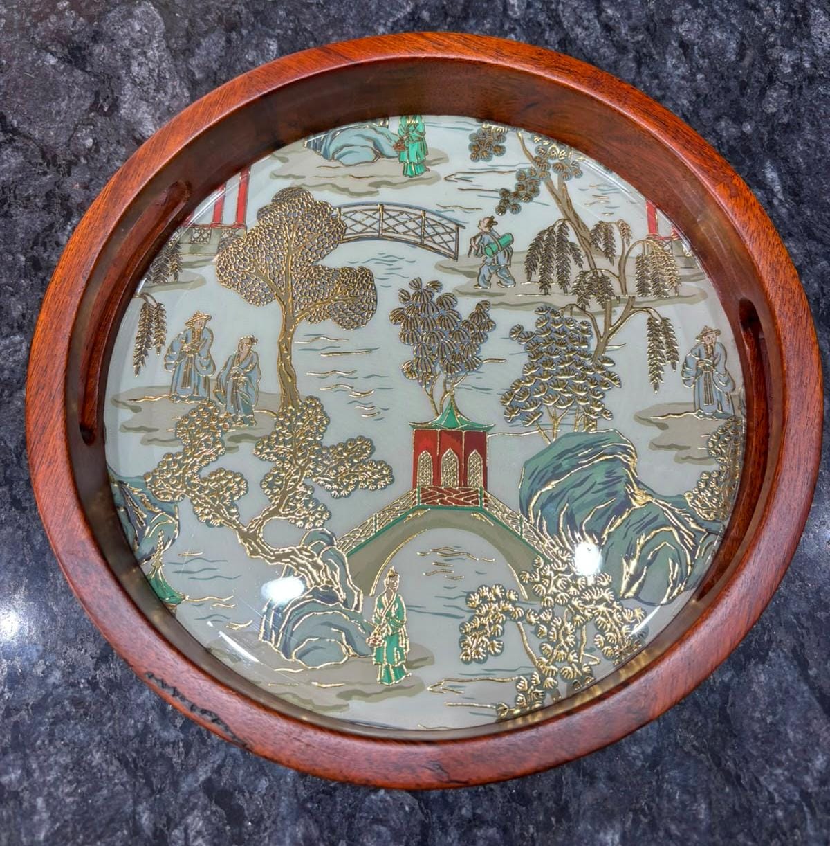 Round Teak Wood Wooden Tray Set of 2 Green Design