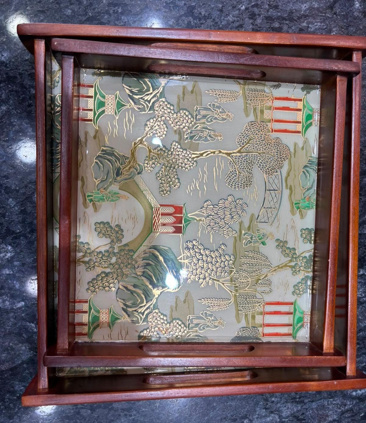 Square Wooden Teak Wood tray set of 2 Green Design