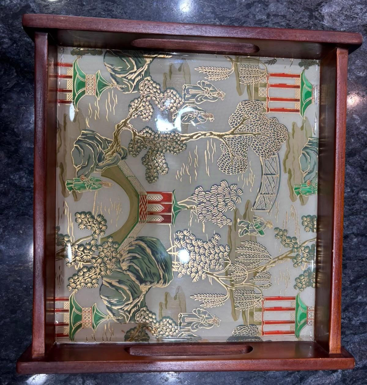 Square Wooden Teak Wood tray set of 2 Green Design