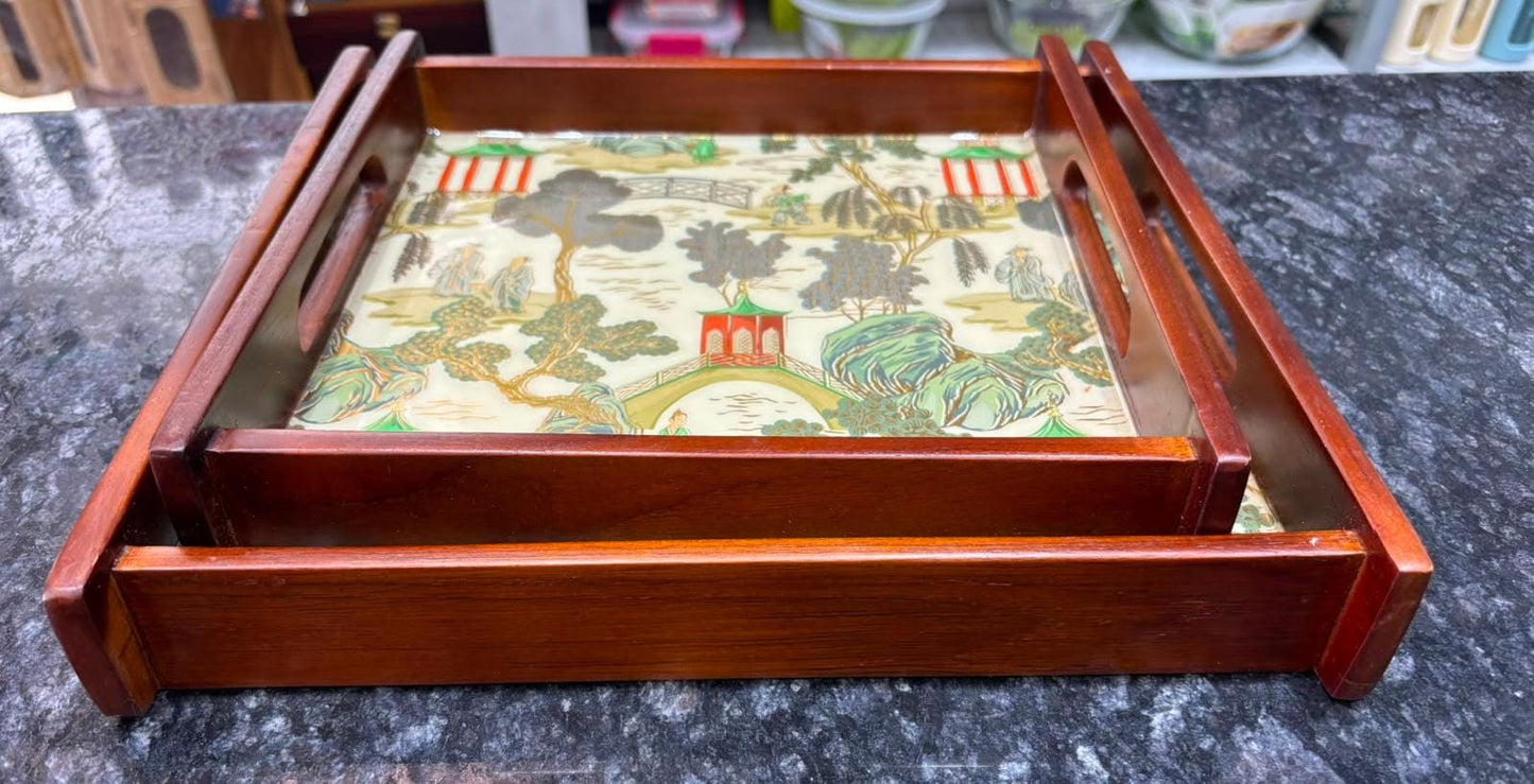 Square Wooden Teak Wood tray set of 2 Green Design