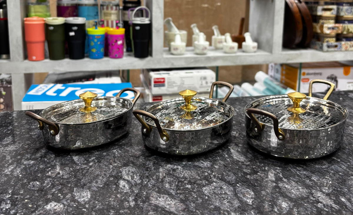 Serving Oval Pan With Lid with Brass Handles Set of 3