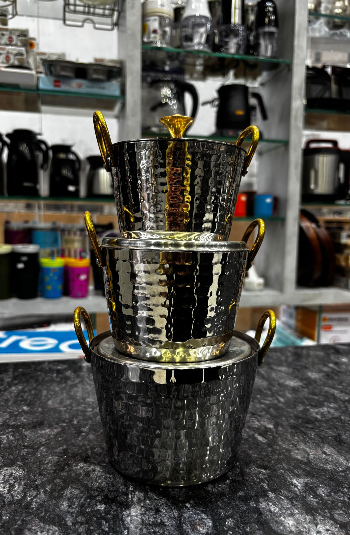 Serving Bucket Handi With Lid With Brass Handles and Knob Set of 3