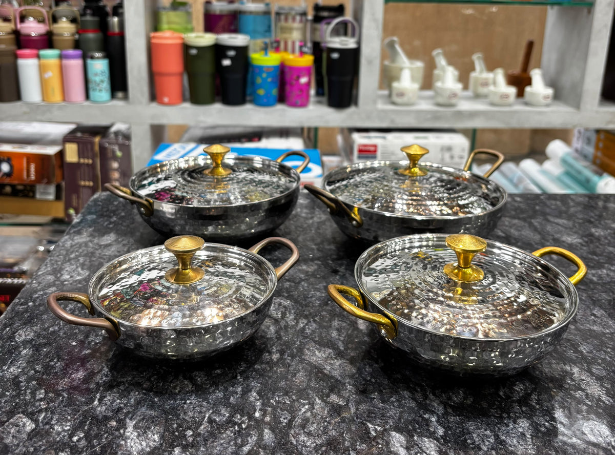 Serving Kadhai with lid with Brass Handles set of 4