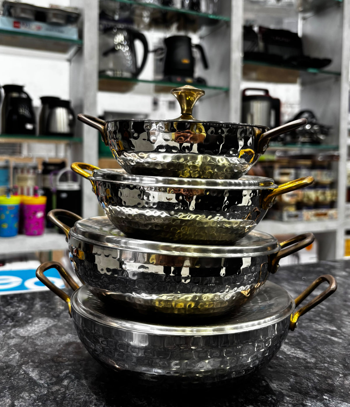 Serving Kadhai with lid with Brass Handles set of 4