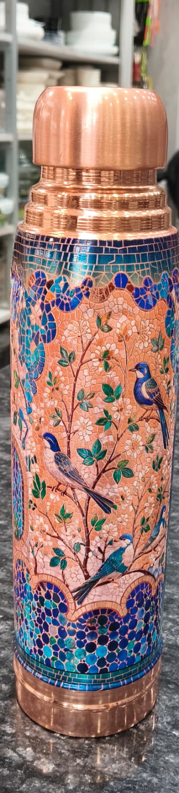 Copper Bottle With Fancy 3D print 1 Liter Blue Floral Print