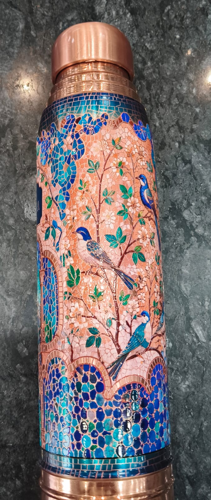 Copper Bottle With Fancy 3D print 1 Liter Blue Floral Print