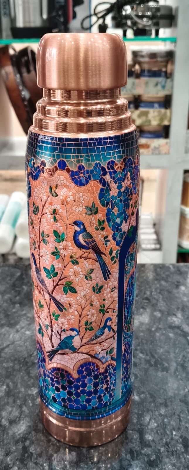 Copper Bottle With Fancy 3D print 1 Liter Blue Floral Print