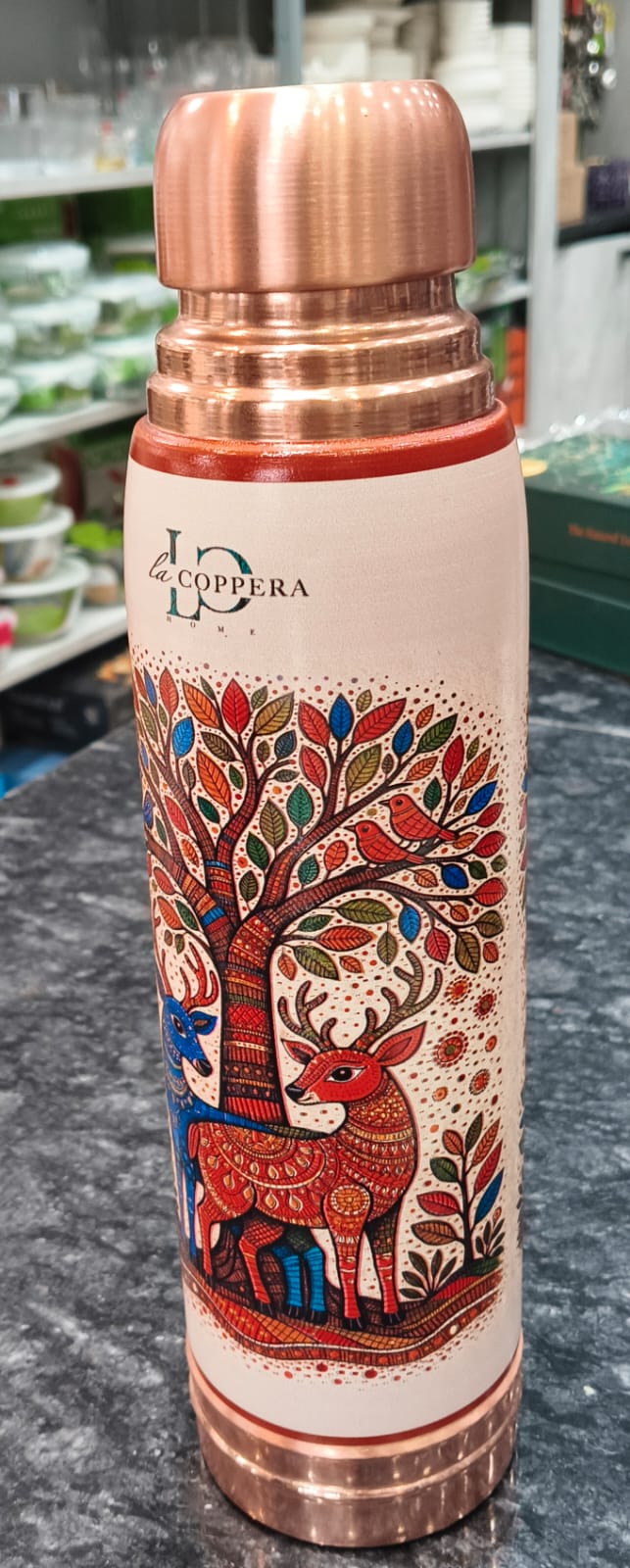 Copper Bottle With Fancy 3D print 1 Liter White Floral Print With Deer