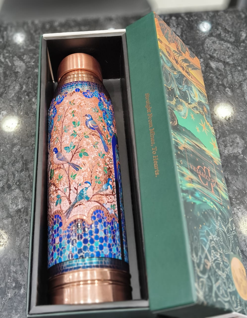 Copper Bottle With Fancy 3D print 1 Liter Blue Floral Print