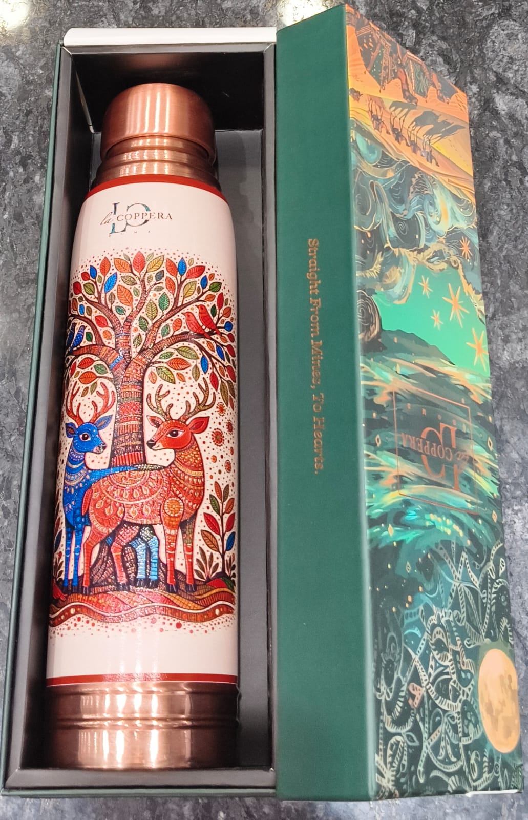 Copper Bottle With Fancy 3D print 1 Liter White Floral Print With Deer