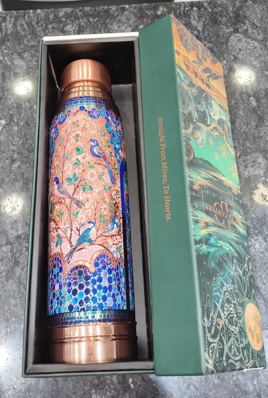Copper Bottle With Fancy 3D print 1 Liter Blue Floral Print