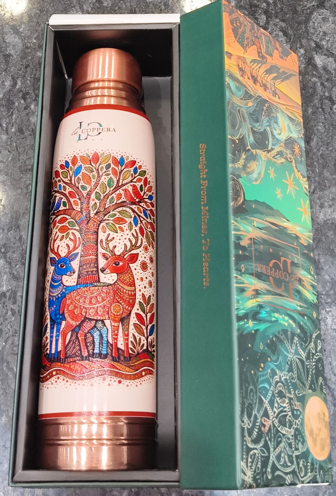 Copper Bottle With Fancy 3D print 1 Liter White Floral Print With Deer