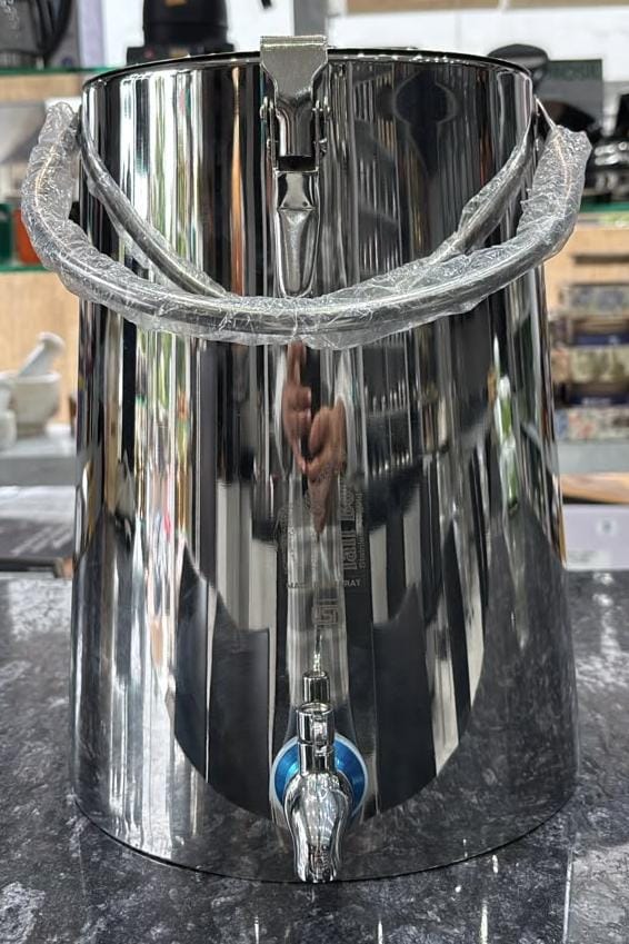 Stainless Steel Bucket Shaped Water Tank 10 Liters with Tap, Handle and Lid with Lock.