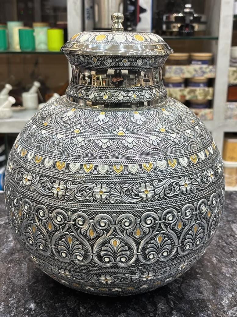 Stainless Steel Water Pot in Antique Minakari Design 10 Liters Without Tap